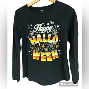 Happy Halloween Graphic Long-sleeved Black Tee Candy Corn Embossed Size 4-6